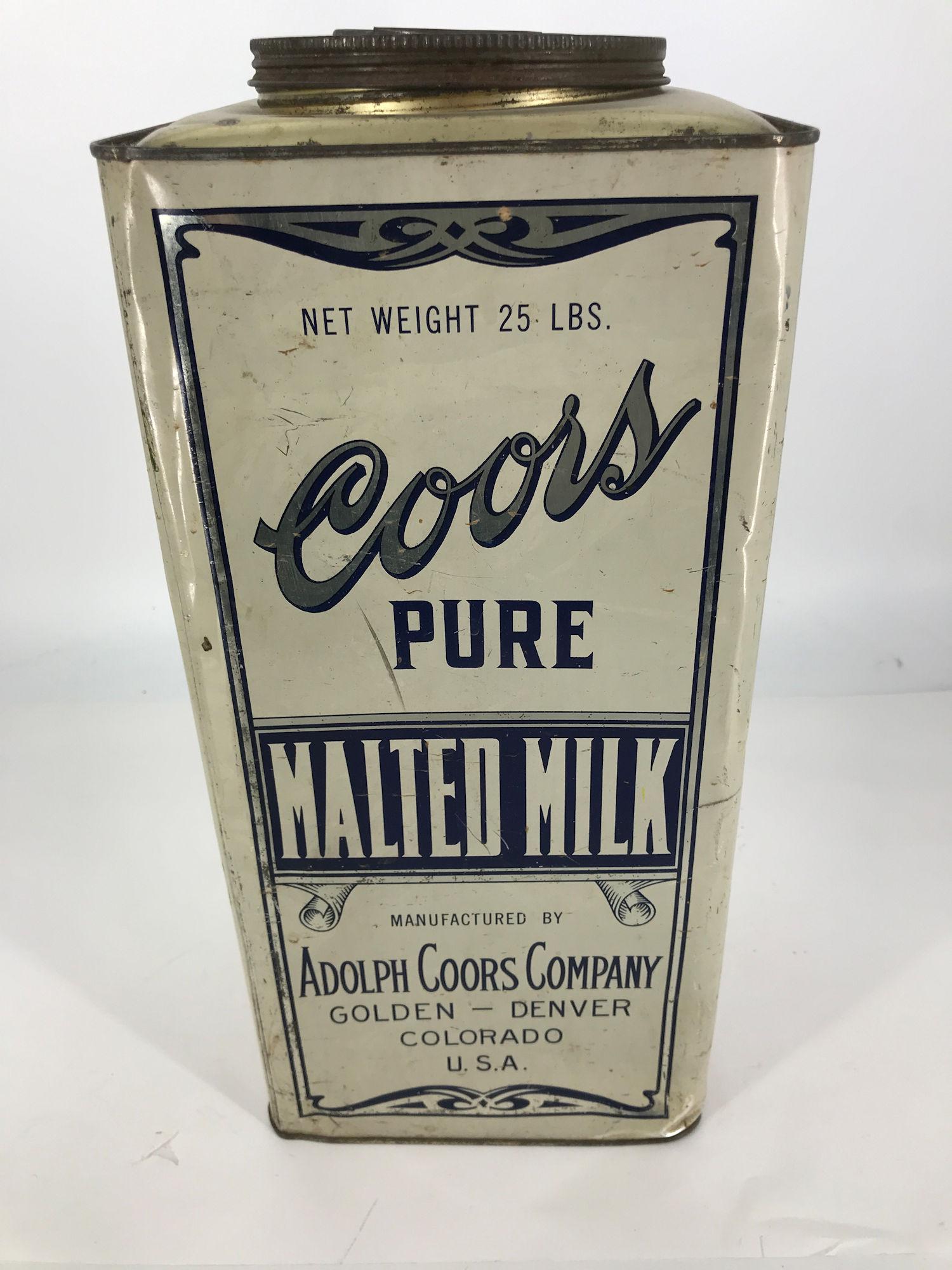 17Â¾" VINTAGE COORS PURE MALTED MILK TIN WITH DENTS AND (1 of 1)