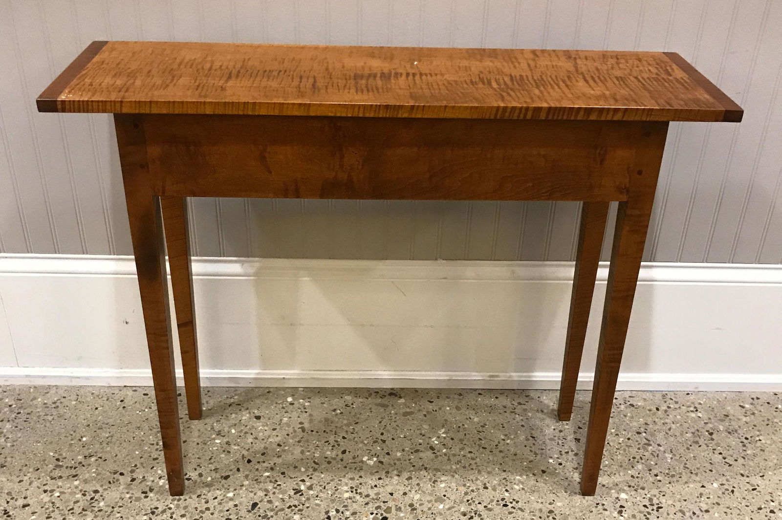 D.R. DIMES HEPPLEWHITE STYLE TIGER MAPLE CONSOLE TABLE, (1 of 2)