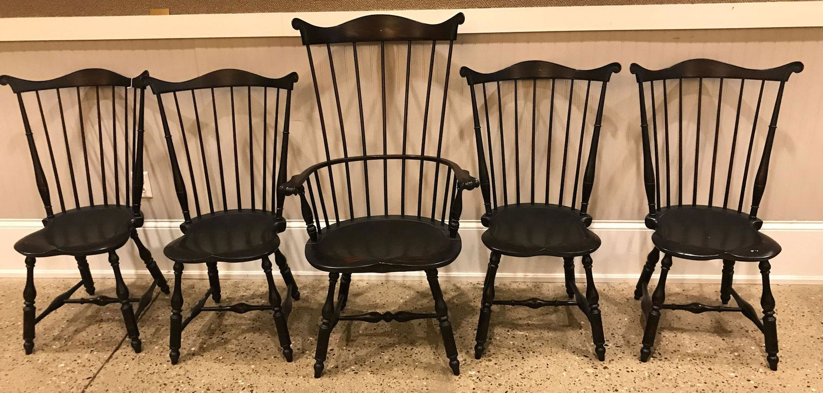 D.R. DIMES 5 BLACK WINDSOR CHAIRS INCLUDING ONE HOST (1 of 2)