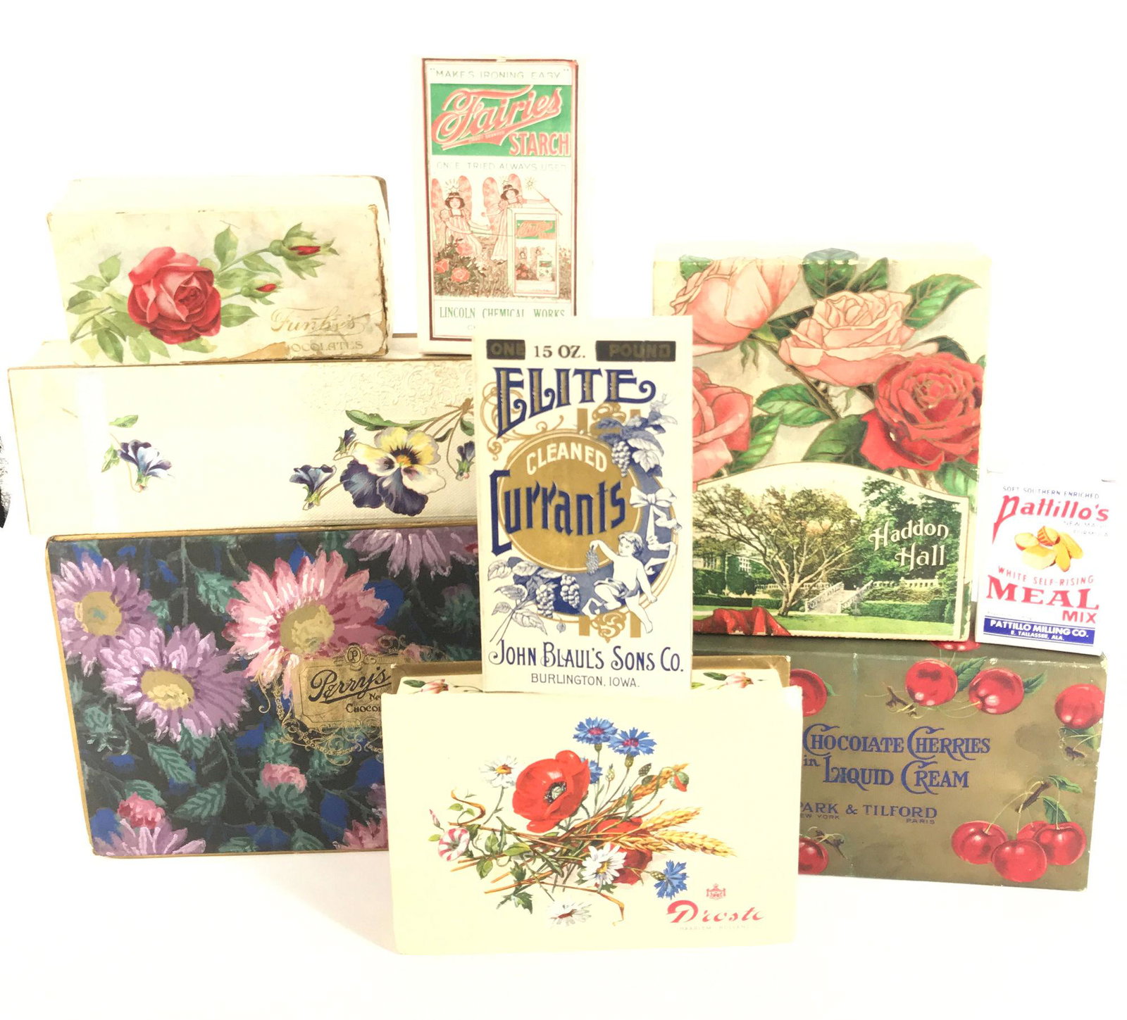 BOX LOT VINTAGE BOXES INCLUDING 11Â¼" FLORAL PERRY'S: BOX LOT VINTAGE BOXES INCLUDING 11¼" FLORAL PERRY'S CHOCOLATES AND 3" PATTILLO'S MEAL MIX BOX.