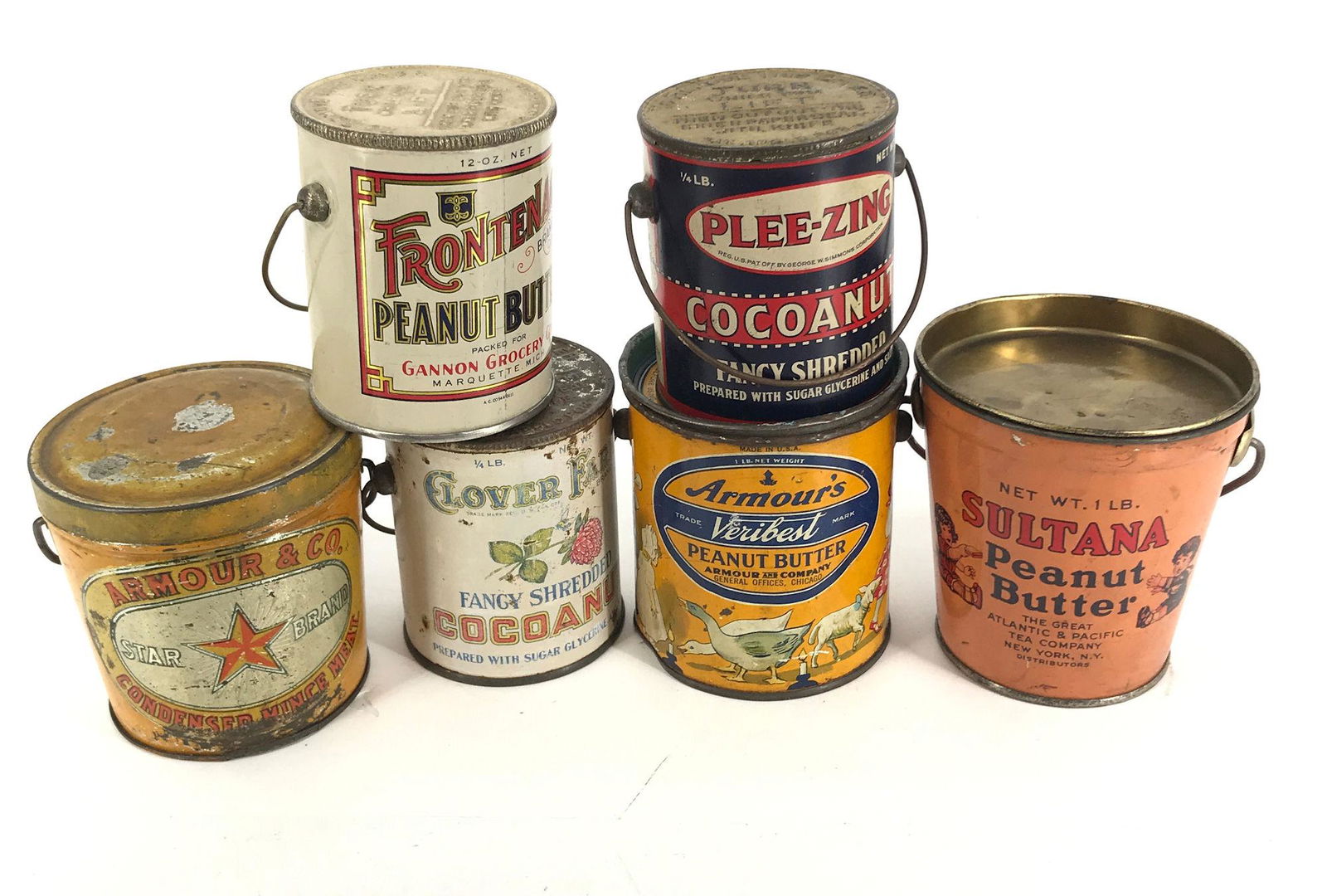 BOX LOT 6 TIN CONTAINERS INCLUDING 3 PEANUT BUTTER (1 of 1)