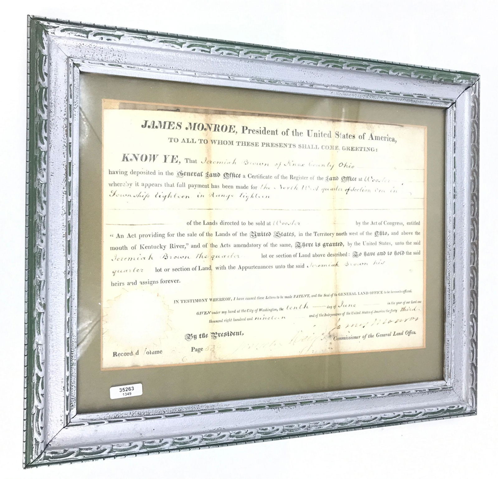 LAND GRANT SIGNED BY JAMES MONROE FOR JEREMIAH BROWN OF (1 of 1)