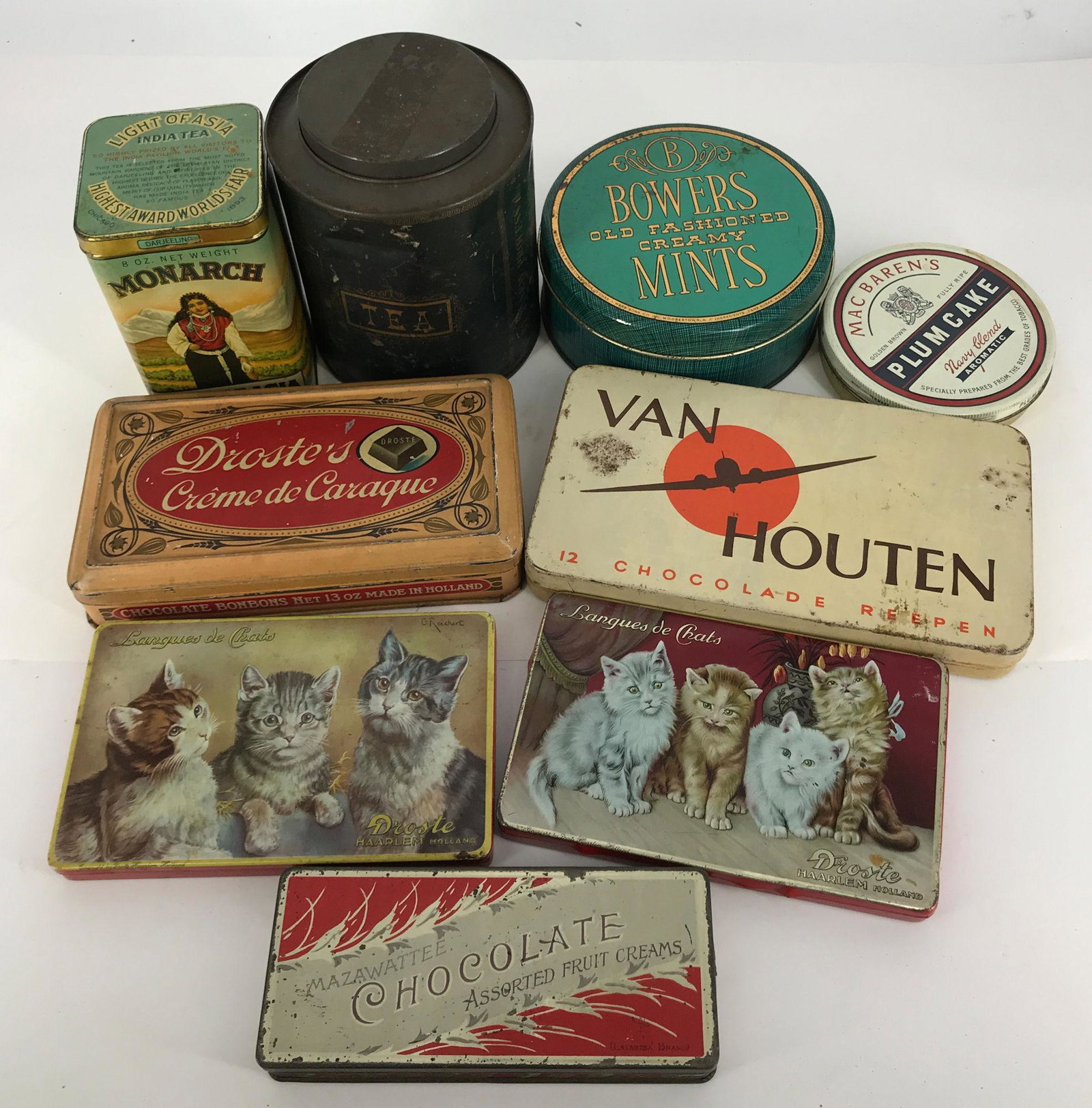 BOX LOT OF FOOD AND CANDY TIN CONTAINERS INCLUDING: BOX LOT OF FOOD AND CANDY TIN CONTAINERS INCLUDING MONARCH INDIA TEA ( CHICAGO, ILL) 5.5" TALL