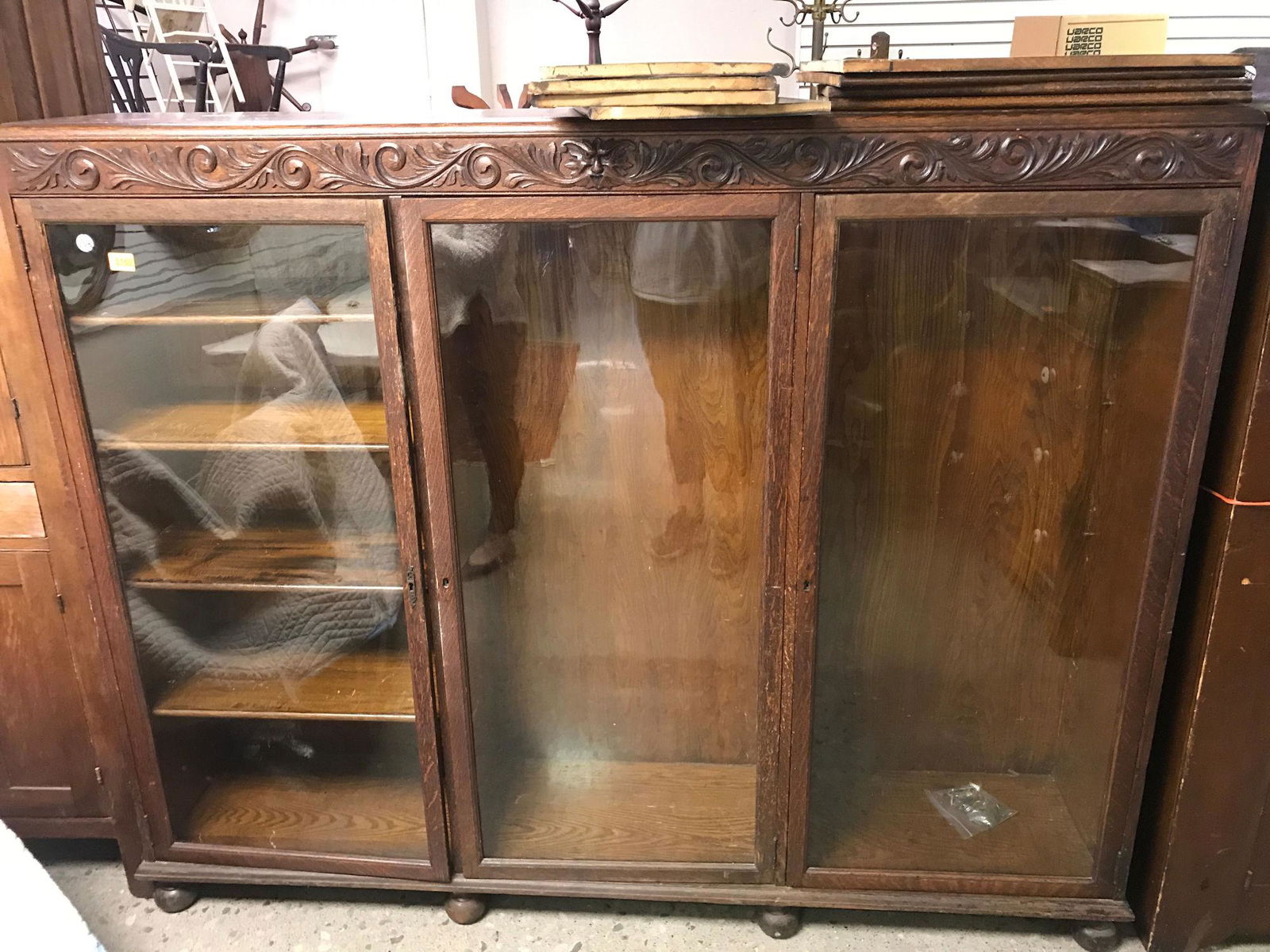 OAK TRIPLE BOOKCASE WITH OLD MAN OF THE NORTH CARVING (1 of 1)