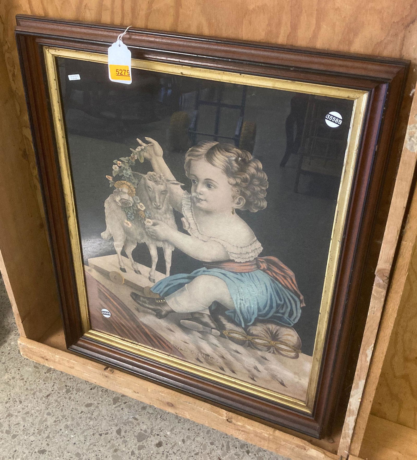LARGE WALNUT VICTORIAN FRAMED LITHO OF CHILD WITH TOY (1 of 1)