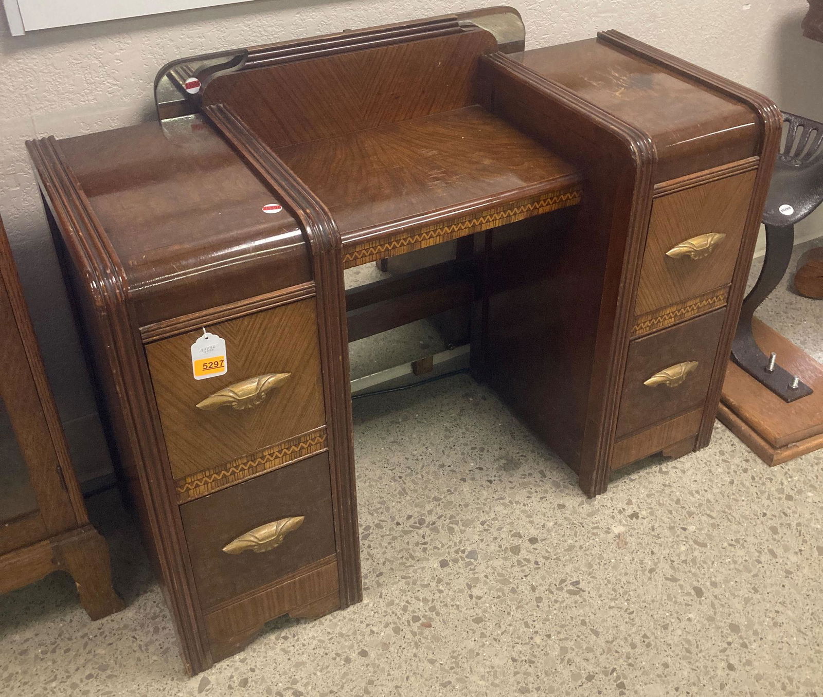 1930 WALNUT WATERFALL VANITY WITH MIRROR. (1 of 1)