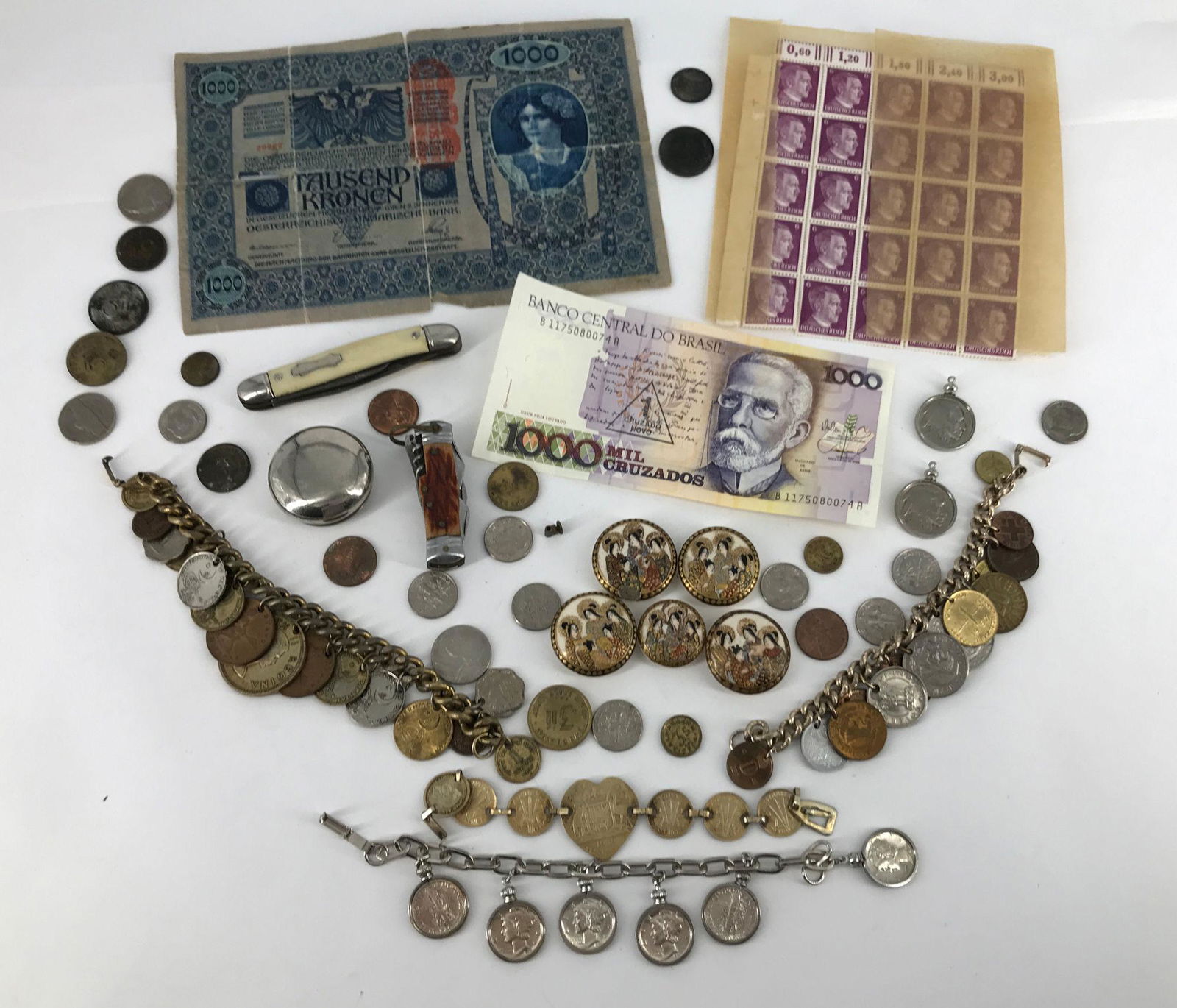 LOT OF STAMPS, FOLDING KNIVES, U.S. AND FOREIGN COINS (1 of 17)