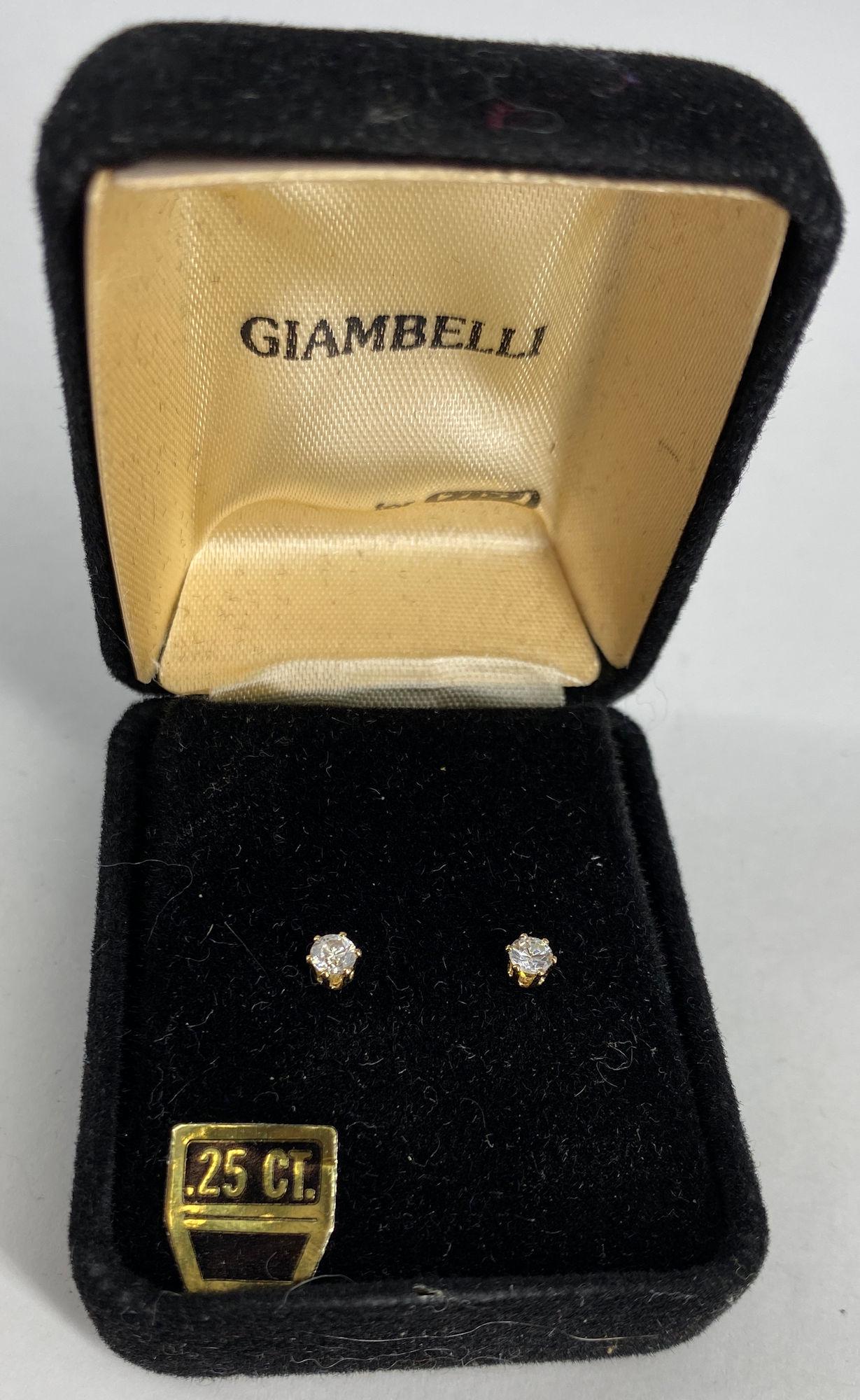 CUBIC ZIRCONIA STUD EARRINGS: CUBIC ZIRCONIA STUD EARRINGS ~ 0.25 CTTW. CZ SOLITAIRES EARRING PAIR WITH POST BACKINGS. ROUND STONES IN PRONG SETTINGS. IN ORIGINAL BOX. FROM GIAMBELLI SQUARE.