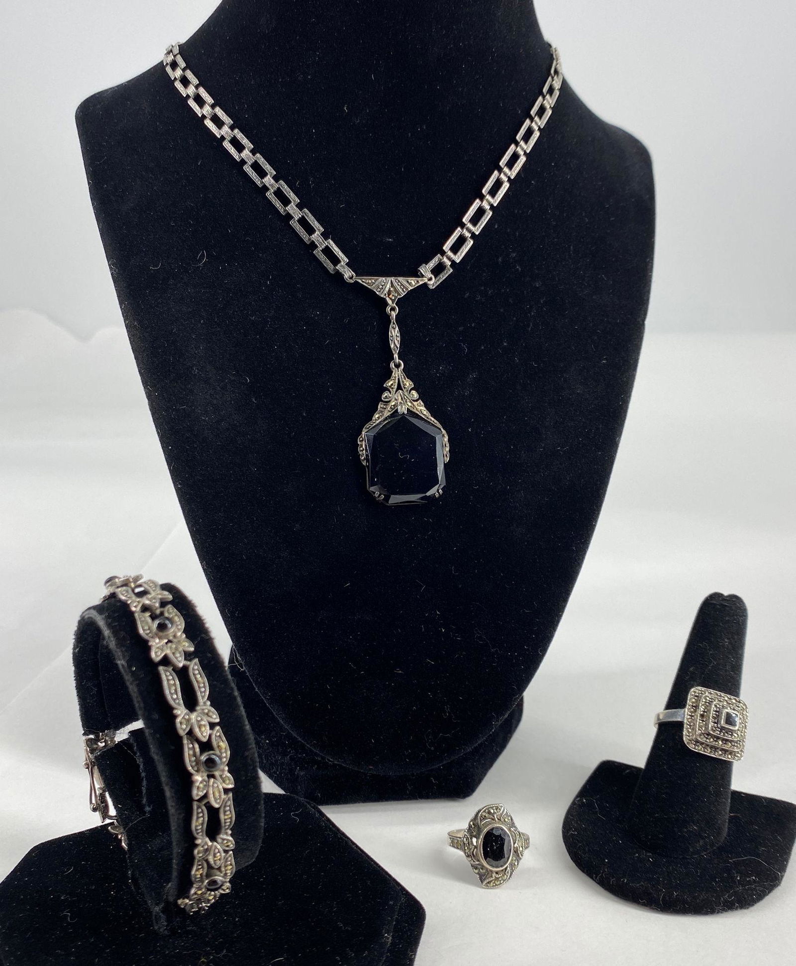 LOT OF STERLING + ONYX AND MARCASITE JEWELRY (1 of 8)
