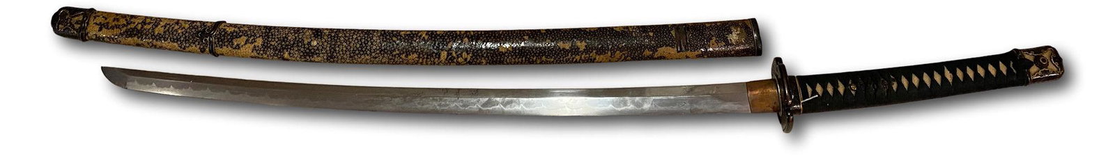 SAMURAI SWORD WITH IRON TSUBA, MENUKIS, SHARK SKIN: SAMURAI SWORD WITH IRON TSUBA, MENUKIS, SHARK SKIN SCABBARD, TANG IS SIGNED, 27.5" LONG BLADE, SHOWA BLADE MINO SCHOOL OLD TACHI