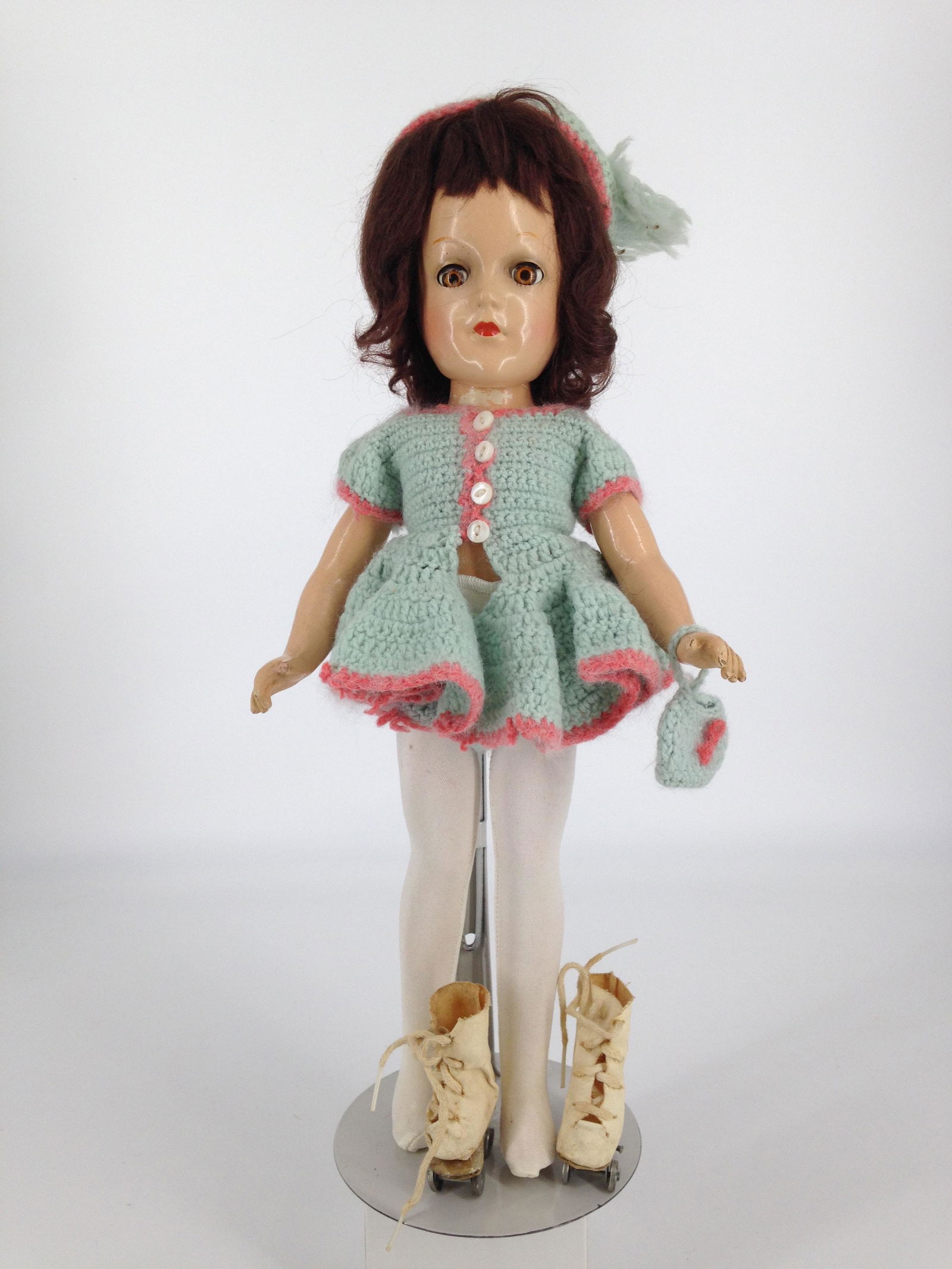 14 1/2" COMPOSITION MARY HOYER DOLL. BROWN MOHAIR WIG, (1 of 3)