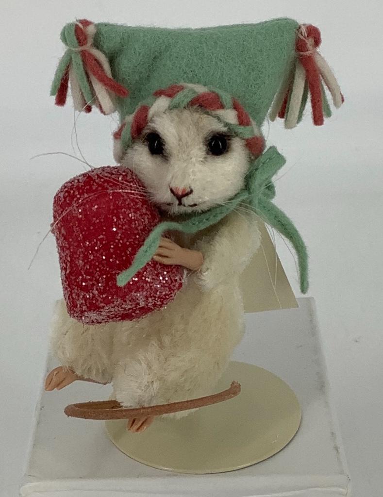 3" R. John Wright Christmas Mouse "Sugar". White mohair: 3" R. John Wright Christmas Mouse "Sugar". White mohair mouse, glass eyes, stitch snout with whiskers, leather tail, applied hands and feet. Sugar wears a green felt hat and carries a gumdrop. In unpl