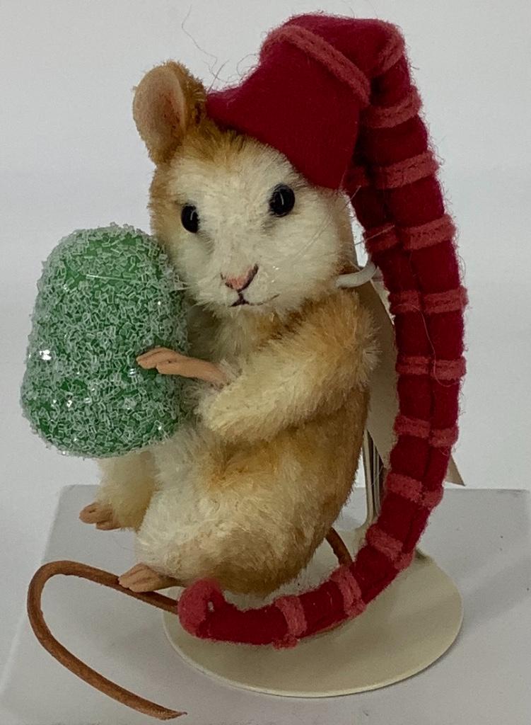 3" R. John Wright Christmas Mouse "Spice". Brown mohair: 3" R. John Wright Christmas Mouse "Spice". Brown mohair mouse with glass bead eyes, stitched snout with whiskers, applied hands and feet. Spice wears his felt night cap and carries a green gumdrop. In