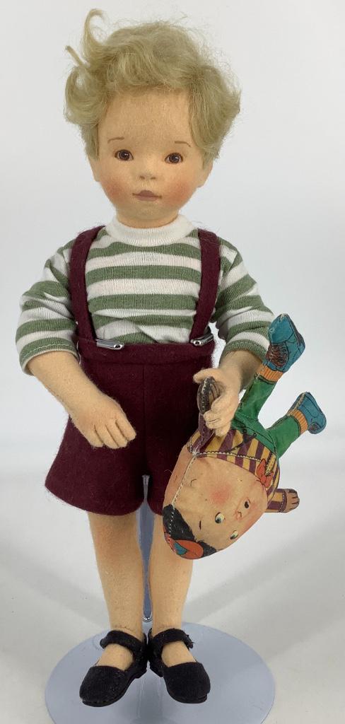 11 1/2" R. John Wright "Cole" from the Playtime: 11 1/2" R. John Wright "Cole" from the Playtime Collection for the R. John Wright Collector Club. All felt doll, mohair wig, molded and painted facial features, on five-piece body with disk jointed ar