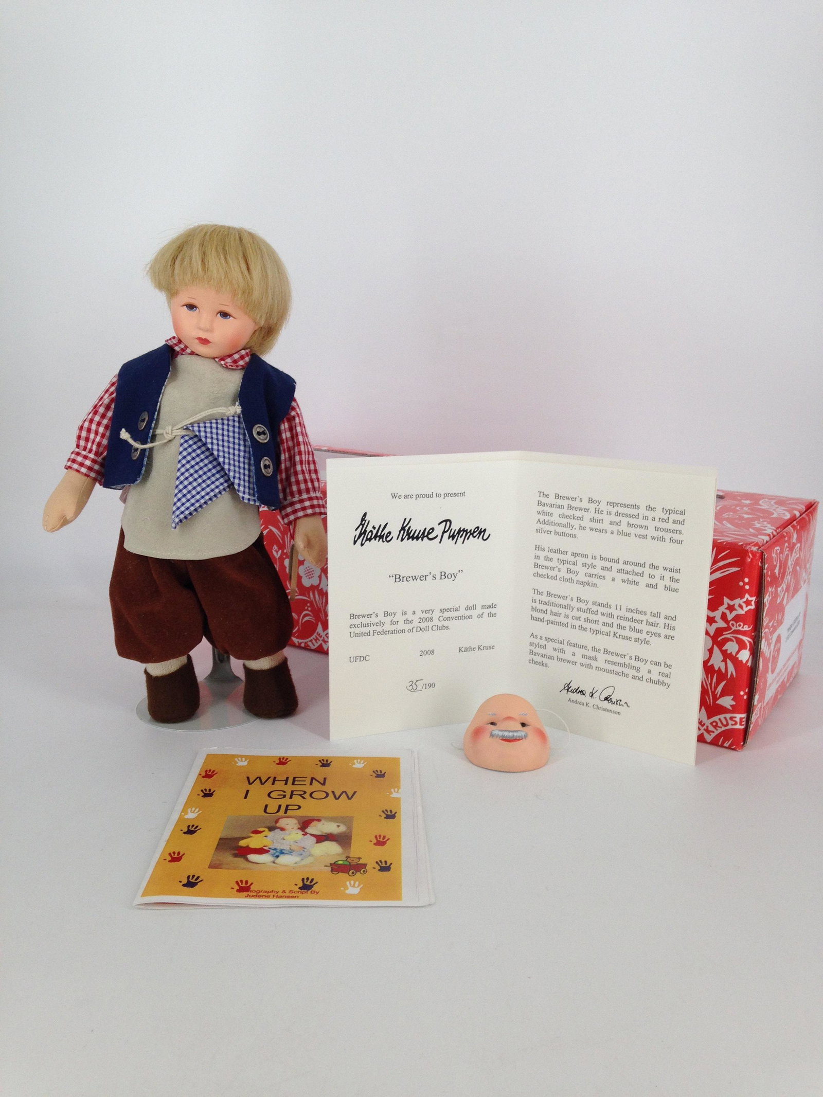 11" KÃ„THE KRUSE BREWER'S BOY. "WHEN I GROW UP" MADE: 11" KÃ„THE KRUSE BREWER'S BOY. "WHEN I GROW UP" MADE EXCLUSIVELY FOR THE 2008 UNITED FEDERATION OF DOLL CLUBS CONVENTION, HARD PLASTIC HEAD, HUMAN HAIR WIG, MOLDED AND PAINTED FACIAL FEATURES ON FI