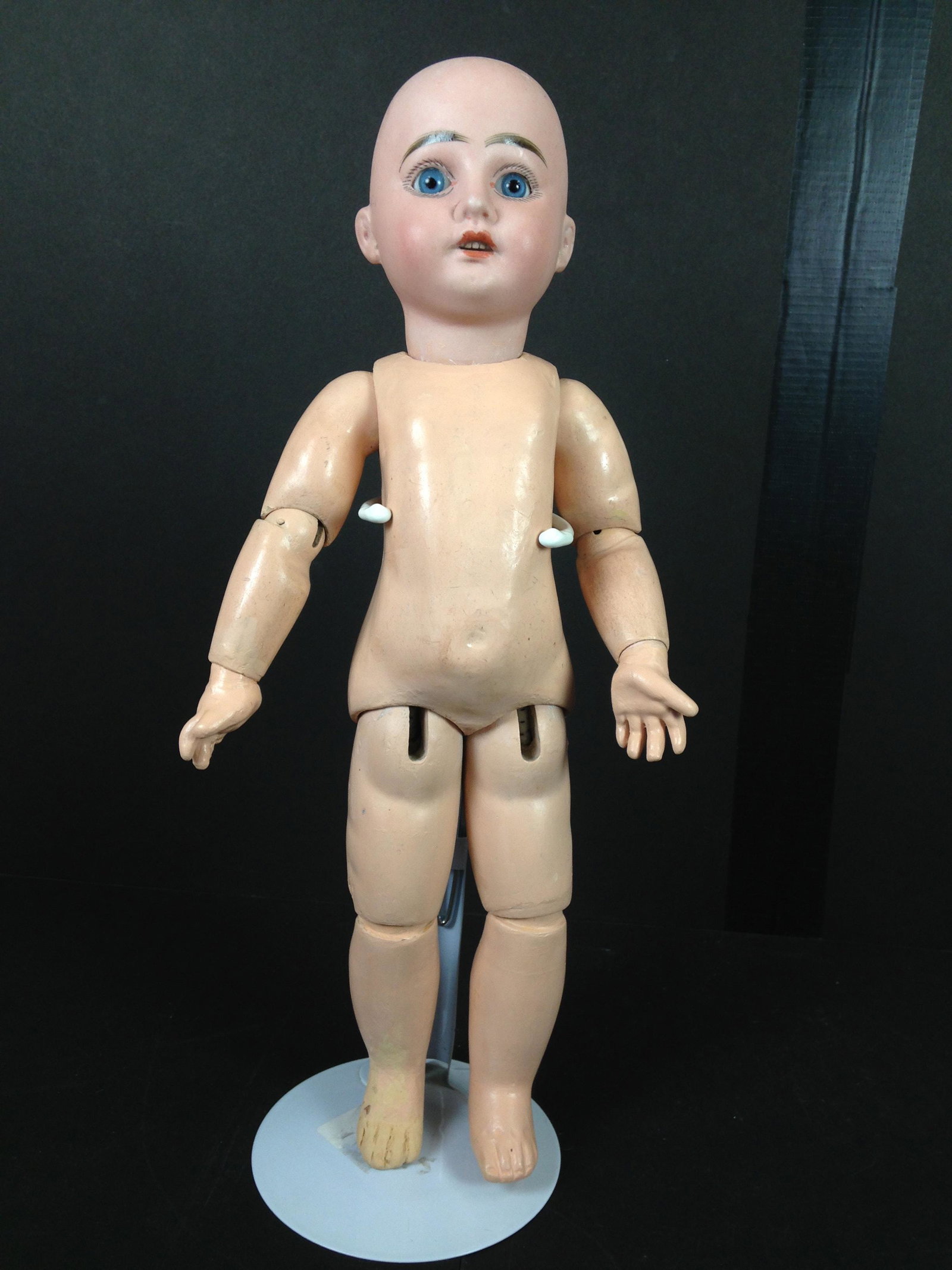 14 1/2" BISQUE SOCKET HEAD DOLL ON MARKED JUMEAU BODY.: 14 1/2" BISQUE SOCKET HEAD DOLL ON MARKED JUMEAU BODY. MARKED AS SHOWN, SLANT CUT HEAD OPENING, EYES HAVE BEEN SET, PIERCED-IN EARS, OPEN MOUTH WITH SQUARE CUT TEETH, ON JOINTED COMPOSITION BODY STAMP
