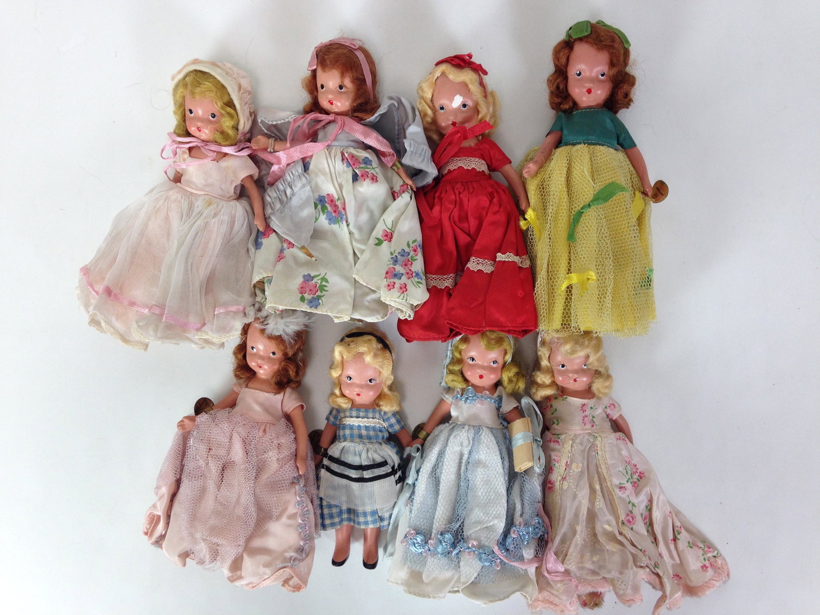 (8) 5Â½" VINTAGE ALL BISQUE NANCY ANN STORYBOOK DOLLS.: (8) 5 1/2" VINTAGE ALL BISQUE NANCY ANN STORYBOOK DOLLS. HEAD, TORSO AND LEGS FROZEN WITH JOINTED ARMS. #92 AUTUMN, #182 WEDNESDAY'S CHILD, #162 PRINCESS ROSEANIE, #184 FRIDAY'S CHILD, #125 ALICE THRU