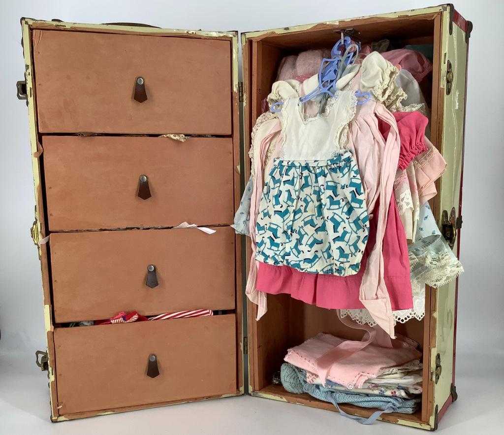 Large metal doll trunk with leather handle filled with (1 of 2)