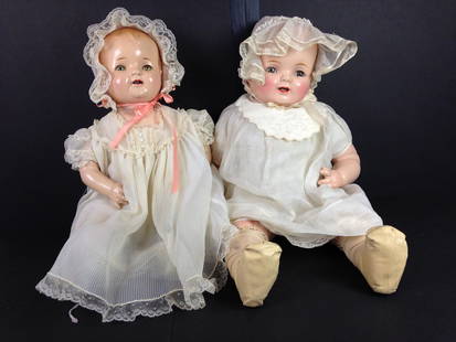 (2) VINTAGE COMPOSITION "BABY HENDREN" DOLLS. INCLUDES: (2) VINTAGE COMPOSITION "BABY HENDREN" DOLLS. INCLUDES 20" SHOULDER HEAD WITH MOLDED AND PAINTED HAIR, SLEEP EYES AND OPEN MOUTH WITH TEETH; ON CLOTH BODY WITH COMPOSITION ARMS AND LOWER LEGS. AND 22"