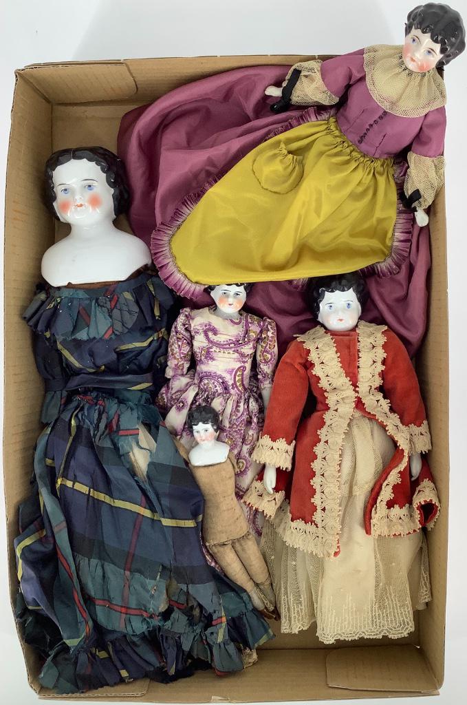 (5) GERMAN CHINA HEAD DOLLS - (4) LOW BROWS (7Â½"- 12") (1 of 2)