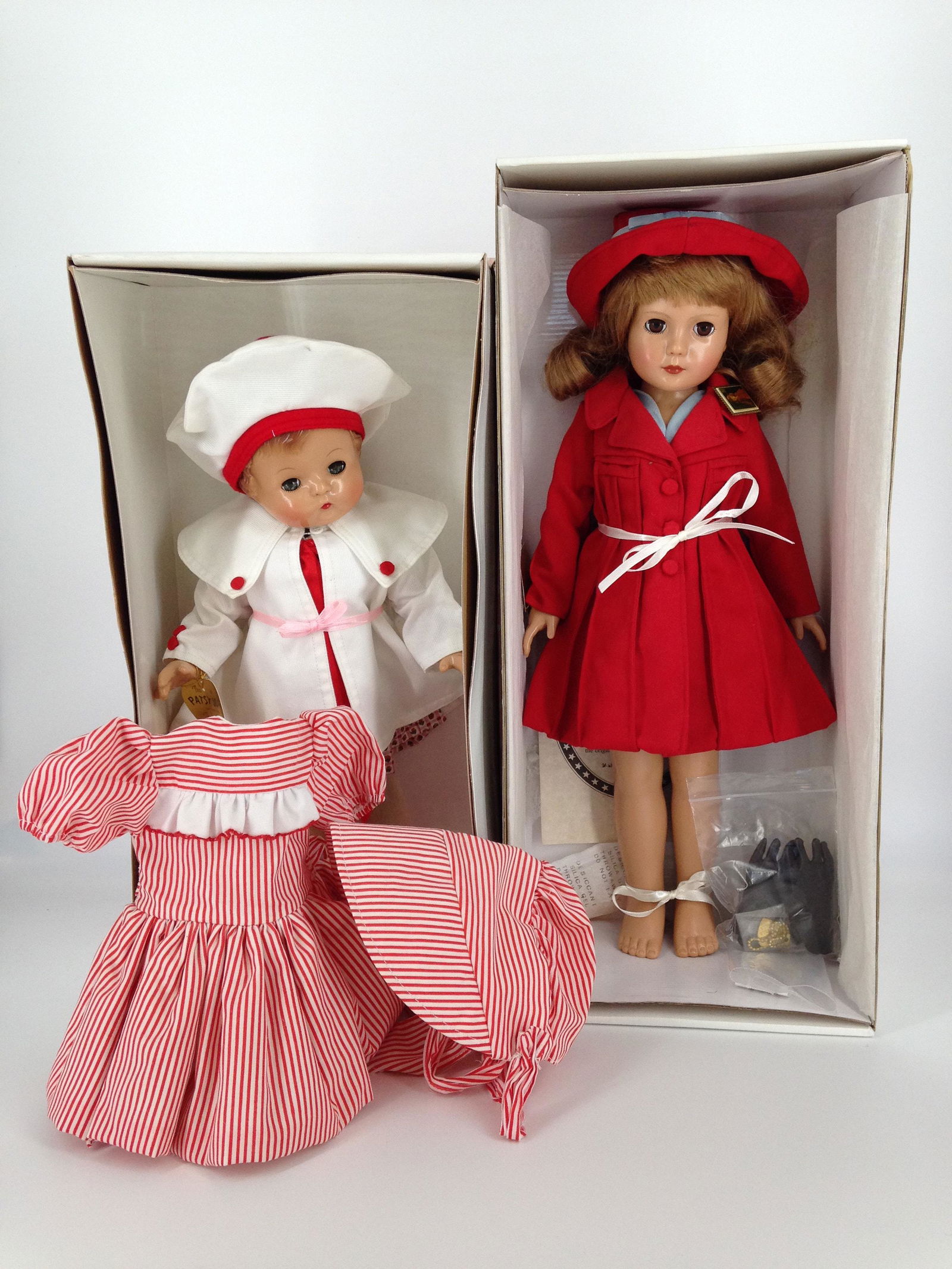 (2) EFFANBEE REPRODUCTIONS INCLUDING 18" AMERICAN CHILD: (2) EFFANBEE REPRODUCTIONS INCLUDING 18" AMERICAN CHILD STAMP DOLL AND 15" PATSY JOAN WITH (1) EXTRA OUTFIT. BOTH COME IN ORIGINAL BOXES WITH COA'S.