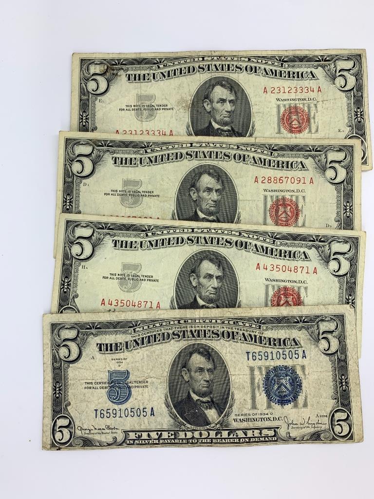 Four U.S. $5.00 Bills (1 of 2)
