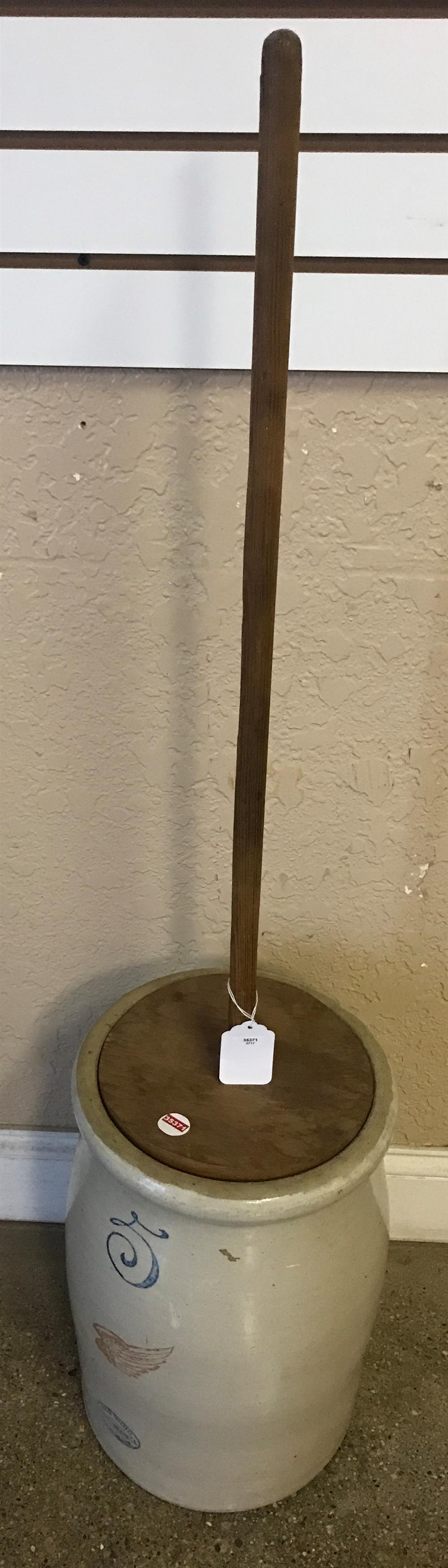 16Â½" ANTIQUE STONEWARE CROCK BUTTER HURN WITH WOODEN (1 of 2)