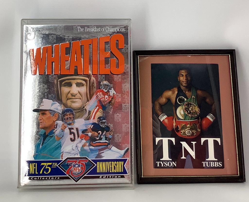 Box lot of Framed photo of Mike Tyson with both belts: Box lot of Framed photo of Mike Tyson with both belts and 75th NFL Anniversary collectors edition Wheaties Box in protective case.