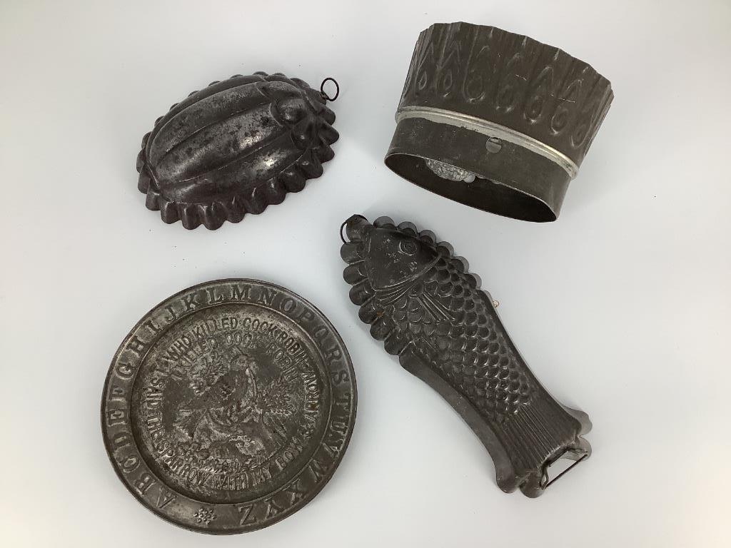 Box lot of misc. early tinware including an ABC plate. (1 of 2)