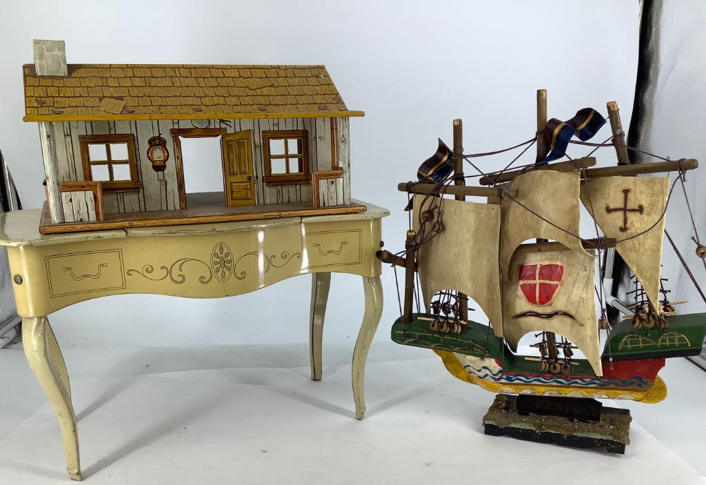 Box lot including tin house and dressing table and (1 of 4)