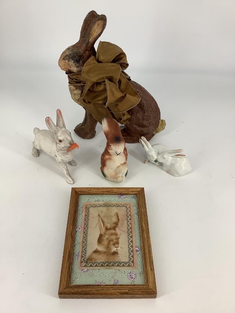 Box lot Easter items including paper macheâ€™ bunnies. (1 of 1)