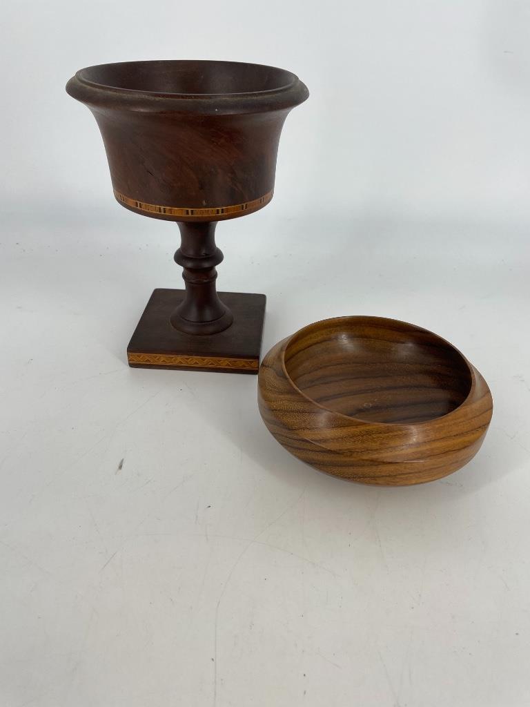 2 turned wood bowls including 8â€ Charles Wishtart: 2 turned wood bowls including 8” Charles Wishtart (cabinetmaker) with inlay