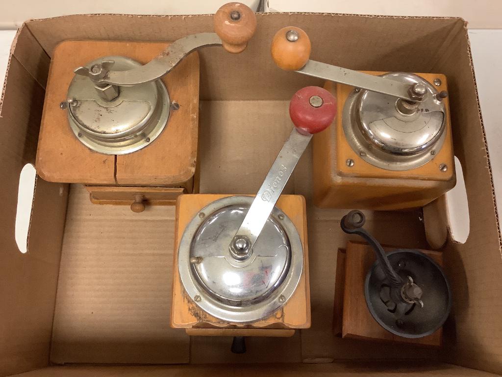 Four wood and metal coffee mills. (1 of 1)