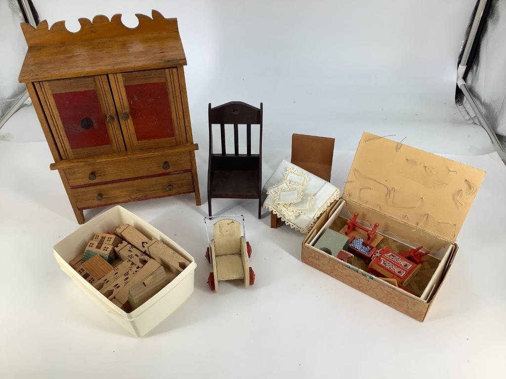 Box lot including 1930s wooden doll cupboard (1 of 1)