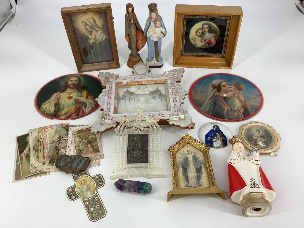 Box lot religious items including small framed (1 of 1)