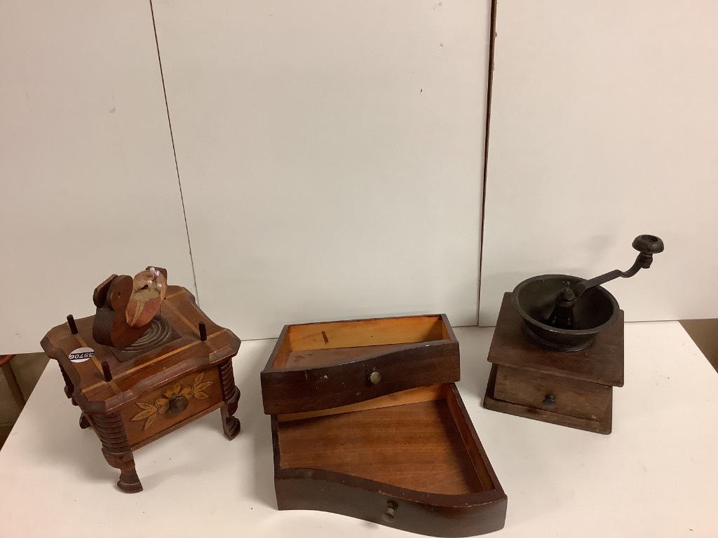 Box lot including antique coffee grinder, sewing box (1 of 1)