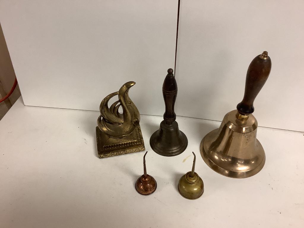Box lot of brass items including bells and oil cans (1 of 1)