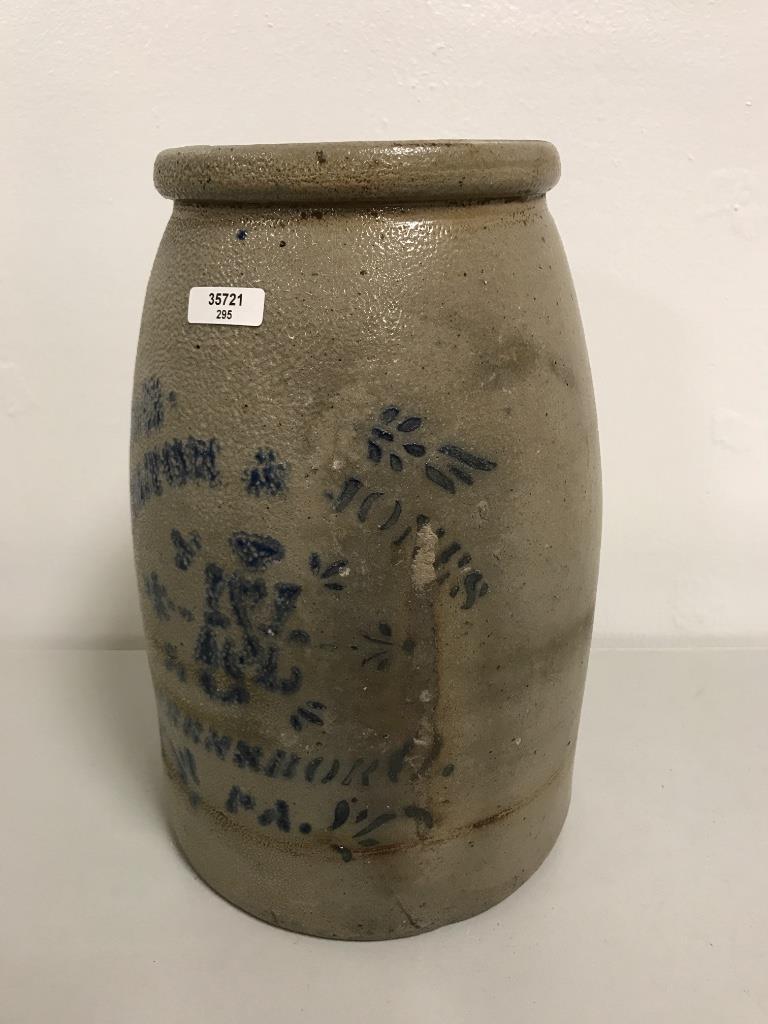 1 gallon stoneware jar, with cobalt decoration,: 1 gallon stoneware jar, with cobalt decoration, Hamilton & Jones Greensboro PA.
