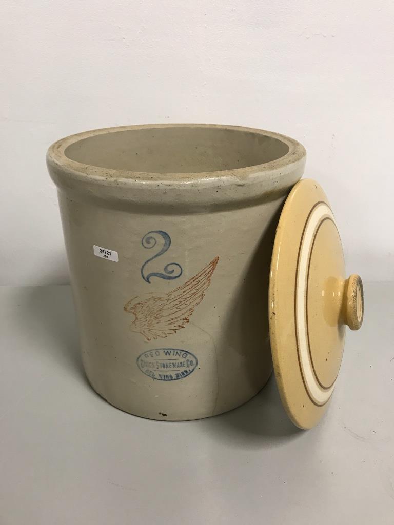 2 gallon stoneware crock, Redwing, with mismatched lid. (1 of 2)