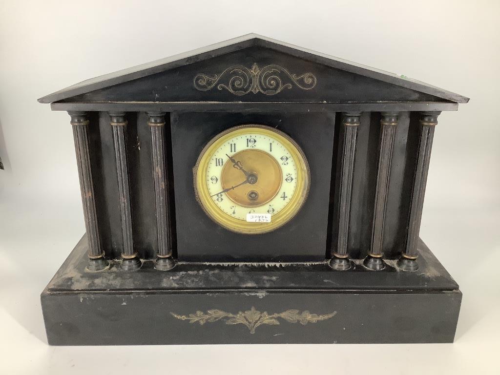 Slate mantle clock with full turned columns, 17â€ x: Slate mantle clock with full turned columns, 17” x 6” x 12”.