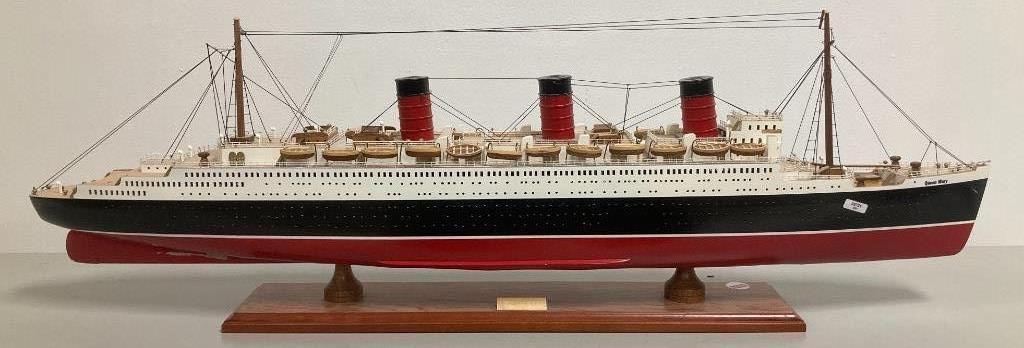 Wooden ships model of the Queen Marry, 39â€ long.: Wooden ships model of the Queen Marry, 39” long.
