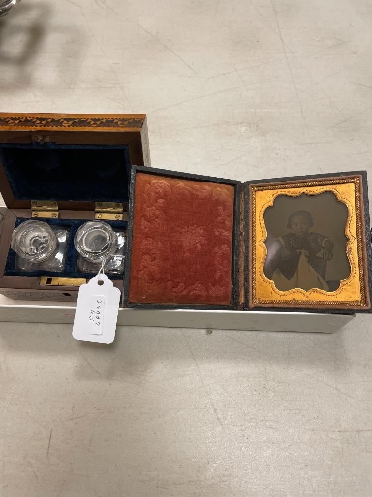 Box lot including inlaid wooden box, two glass inkwells (1 of 1)