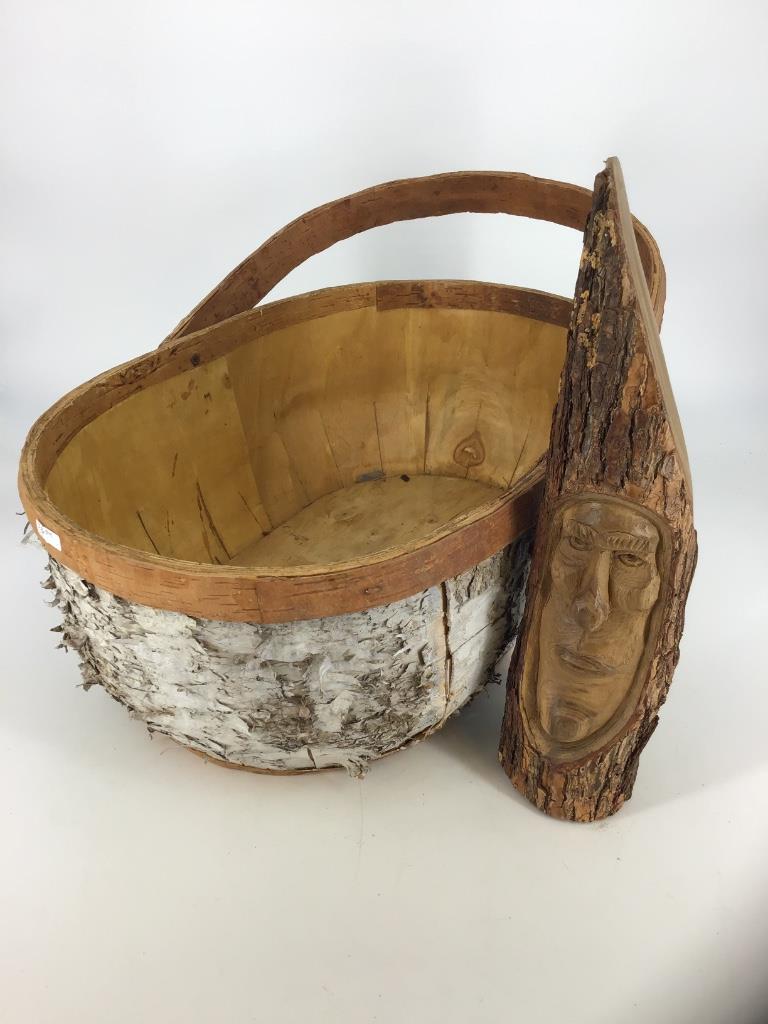 Birch bark basket, and wood carving of face. (1 of 1)