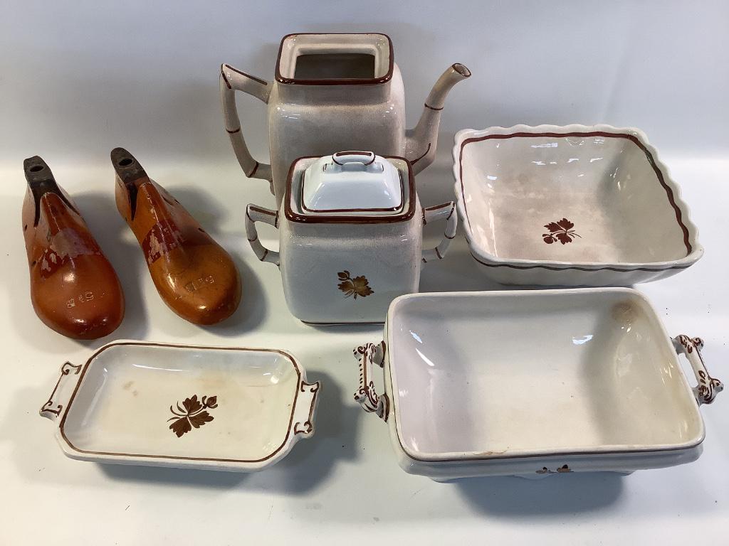 Box lot of Ironstone China and two wooden shoe forms: Box lot of Ironstone China and two wooden shoe forms