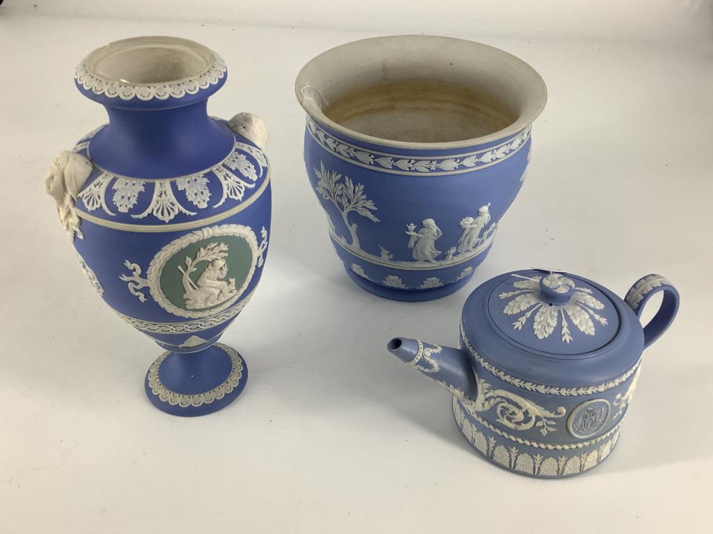 Wedgwood 3 piece set including a miniature tea pot (tea: Wedgwood 3 piece set including a miniature tea pot (tea spout repaired), flower pot (crack in the bottom) and a Jasperware vase 1840â€™s