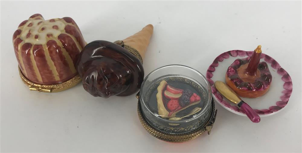 BOX LOT 4 PEINT MAIN, LIMOGES FRANCE TRINKET BOXES: BOX LOT 4 PEINT MAIN, LIMOGES FRANCE TRINKET BOXES INCLUDING A 3" ICE CREAM CONE.
