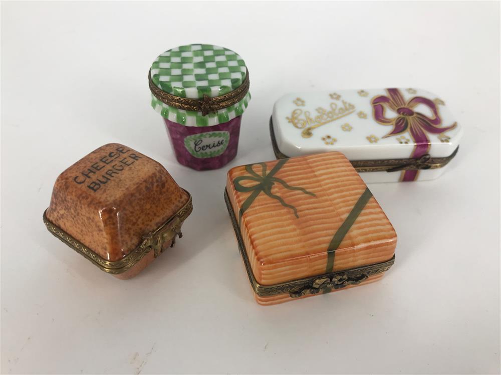 BOX LOT 4 PEINT MAIN, LIMOGES, FRANCE TRINKET BOXES: BOX LOT 4 PEINT MAIN, LIMOGES, FRANCE TRINKET BOXES INCLUDING A 2¾" CHOCOLATE BOX.