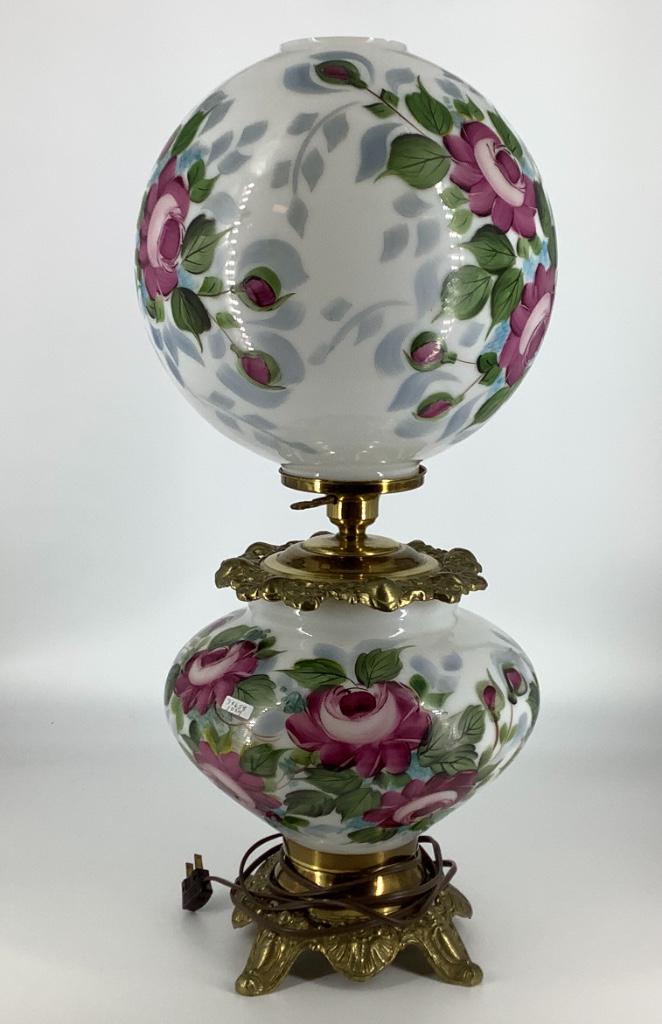 Electric Gone With The Wind style style lamp, with hand: Electric Gone With The Wind style style lamp, with hand painted roses, 26” tall. Tiny flake on top rim of shade.
