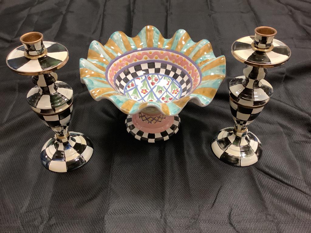 MacKenzie - Childs compote with 2 candlesticks. Compote: MacKenzie - Childs compote with 2 candlesticks. Compote is 7.5” x 12”. Candlesticks are 11” tall.