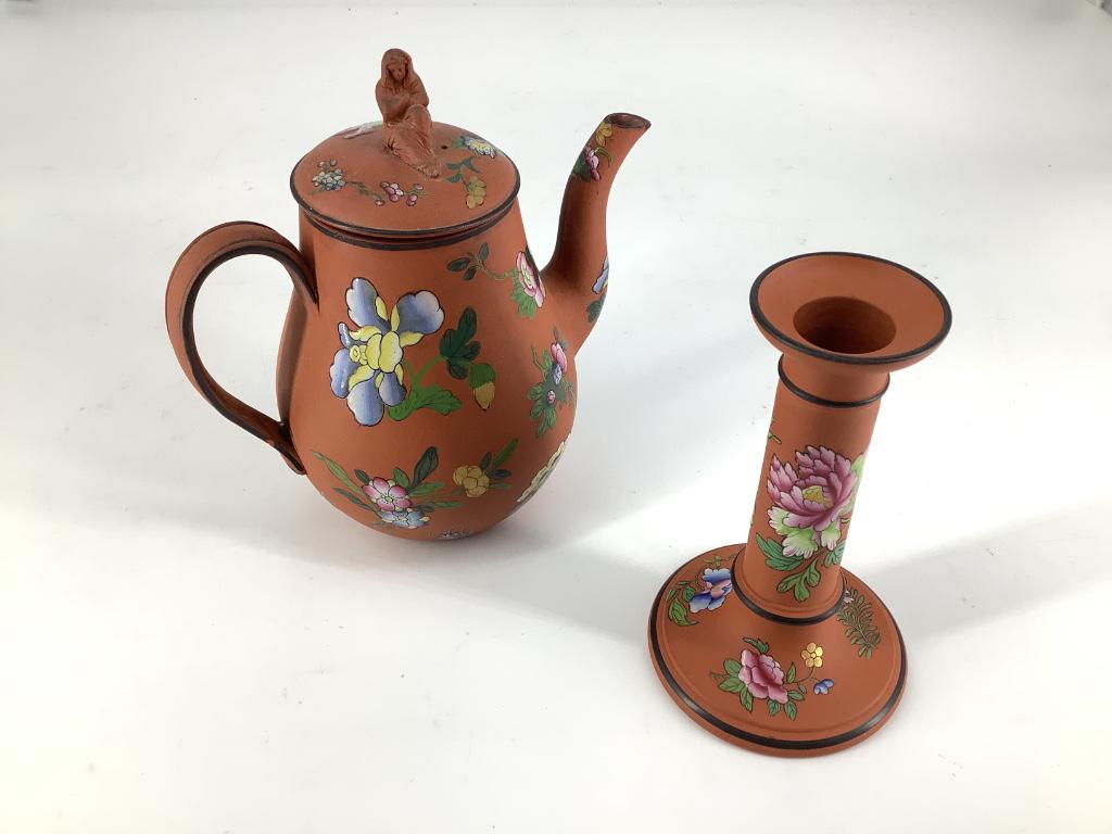 2 piece set, Wedgwood candle stick Capri Ware: 2 piece set, Wedgwood candle stick Capri Ware Terracotta 1820â€™s and Tea pot Capri Ware Terracotta 1820â€™s, damaged.